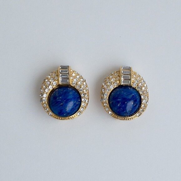 Vintage Christian Dior Earrings Faux Blue Lapis Lazuli Pave Rhinestone Gold Tone - Picture 1 of 13